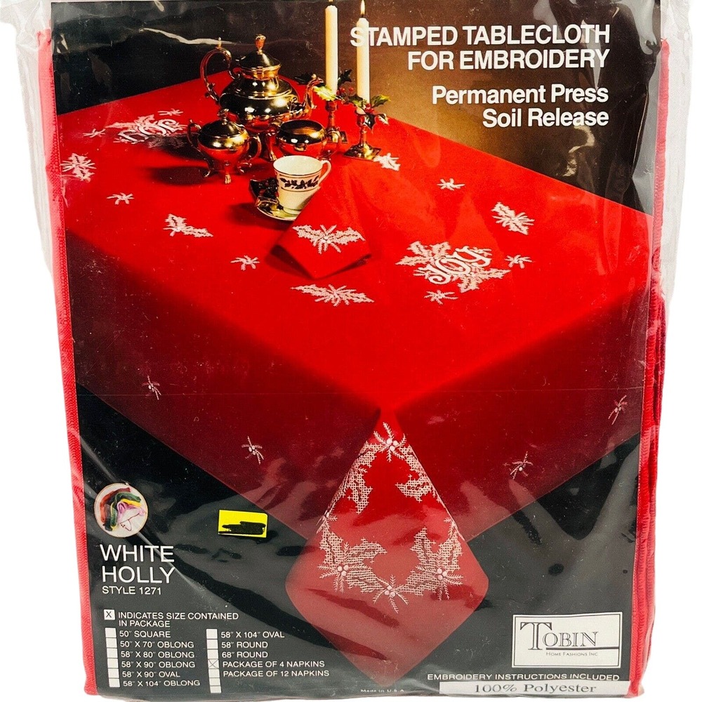 Tobin White Holly Package‎ of 4 Napkins Red Stamped for Embroidery Style #1271